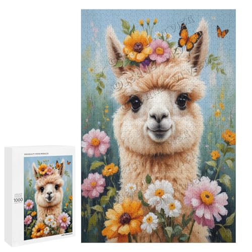 NANVIER Ölgemälde Alpaka mit Blume, 1000 Teile, ein ansprechendes Puzzle-Erlebnis für diejenigen, die Corgis lieben, aus Holz von NANVIER