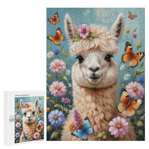 Ölgemälde Alpaka mit Blume, 500 Stück, Puzzle für Erwachsene, Puzzle für Lamas-Liebhaber zum Genießen und Entspannen, Geschenk für Weihnachten, Holz, personalisierbar von NANVIER