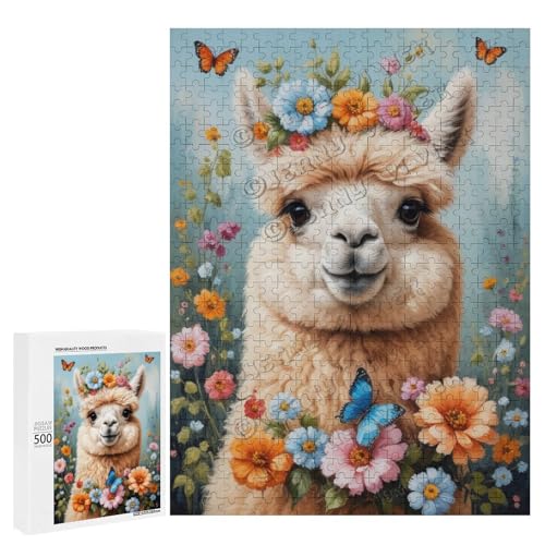 Ölgemälde Alpaka mit Blume, 500-teiliges Puzzle, angenehm für Erwachsene und Lamas-Liebhaber, Holz, personalisierbar von NANVIER