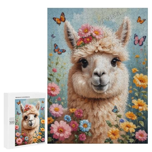 Ölgemälde Alpaka mit Blume, 500-teiliges Puzzle, ansprechendes Puzzle für Erwachsene, ideal für gemütliche Nächte im Holz, personalisierbar von NANVIER