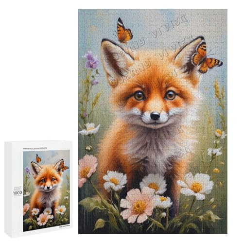 Ölgemälde Baby-Fuchs mit Blume, 1000 Teile für Erwachsene, Puzzle für Fuchs-Liebhaber zum Genießen und Entspannen, Geschenk für Weihnachten, Holz, personalisierbar von NANVIER