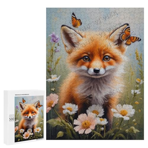 Ölgemälde Baby-Fuchs mit Blume, 500 Stück, Puzzle für Erwachsene, Puzzle für Fuchs-Liebhaber zum Genießen und Entspannen, Geschenk für Weihnachten, Holz, personalisierbar von NANVIER