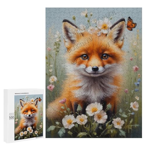 Ölgemälde Baby-Fuchs mit Blume, 500-teiliges Puzzle, angenehm für Erwachsene und Fuchs-Liebhaber, Holz, personalisierbar von NANVIER