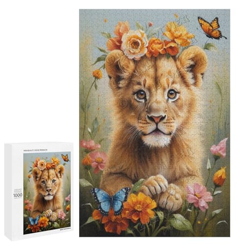 Ölgemälde "Baby-Löwe mit Blume", 1000-teiliges Löwen-Puzzle für Erwachsene, lustiges und herausforderndes Puzzle-Erlebnis, Holz, personalisierbar von NANVIER