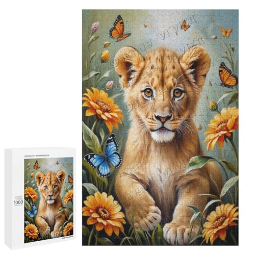 Ölgemälde "Baby-Löwe mit Blume", 1000-teiliges Puzzle für Erwachsene, eine lustige und entspannende Art, Ihre Liebe zu Löwen zu feiern, Holz, personalisierbar von NANVIER