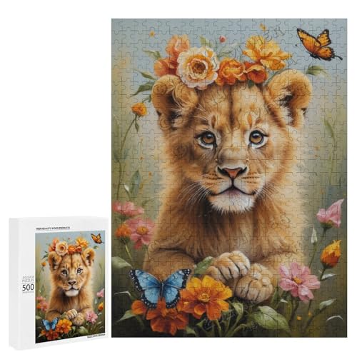 Ölgemälde "Baby-Löwe mit Blume", 500-teiliges Löwen-Puzzle für Erwachsene, lustiges und herausforderndes Puzzle-Erlebnis, Holz, personalisierbar von NANVIER