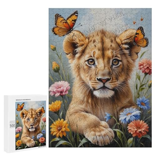 Ölgemälde "Baby-Löwe mit Blume", 500-teiliges Puzzle für Erwachsene, Puzzle für Genuss, Holz, personalisierbar von NANVIER