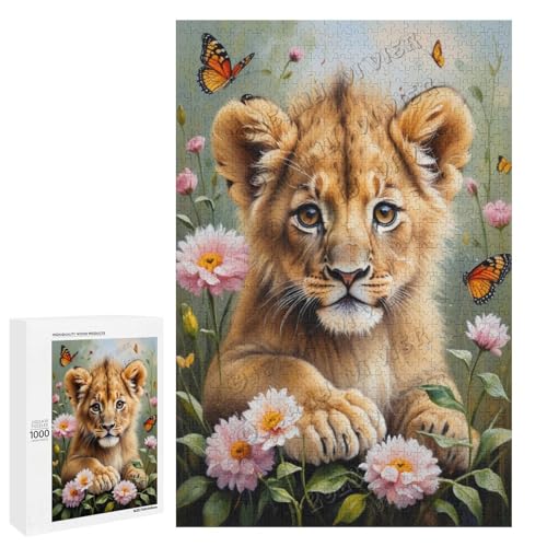 Ölgemälde "Baby-Löwe mit Blume" – Themen-Abenteuer, 1000-teiliges Puzzle – ansprechendes Puzzle für Erwachsene – ideal für gemütliche Nächte im Holz, personalisierbar von NANVIER