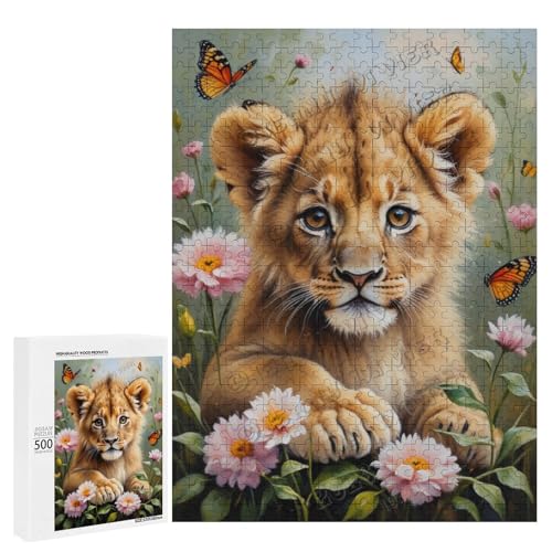 Ölgemälde "Baby Löwe mit Blume" – Themen-Abenteuer, 500-teiliges Puzzle – ansprechendes Puzzle für Erwachsene – ideal für gemütliche Nächte im Holz, personalisierbar von NANVIER