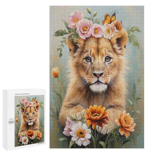 Ölgemälde "Baby-Löwe mit Blume" für Erwachsene, Puzzle für Löwen-Liebhaber zum Genießen und Entspannen, Geschenk für Weihnachten, Holz, personalisierbar, 1000 Stück von NANVIER