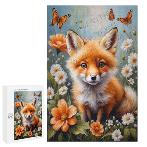 Ölgemälde Babyfuchs mit Blume, 1000-teiliges Puzzle für Erwachsene, Puzzle für Entspannung und Genuss, Holz, personalisierbar von NANVIER