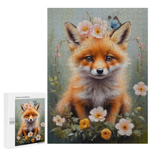 Ölgemälde Babyfuchs mit Blume, 500-teiliges Puzzle, ansprechendes Puzzle für Erwachsene, ideal für gemütliche Nächte im Holz, personalisierbar von NANVIER