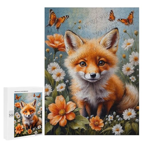 Ölgemälde Babyfuchs mit Blume, 500-teiliges Puzzle für Erwachsene, Puzzle für Entspannung und Genuss, Holz, personalisierbar von NANVIER