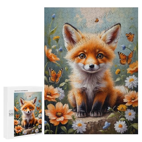 Ölgemälde Babyfuchs mit Blume, 500-teiliges Puzzle für Erwachsene, Puzzle für Genuss, Holz, personalisierbar von NANVIER