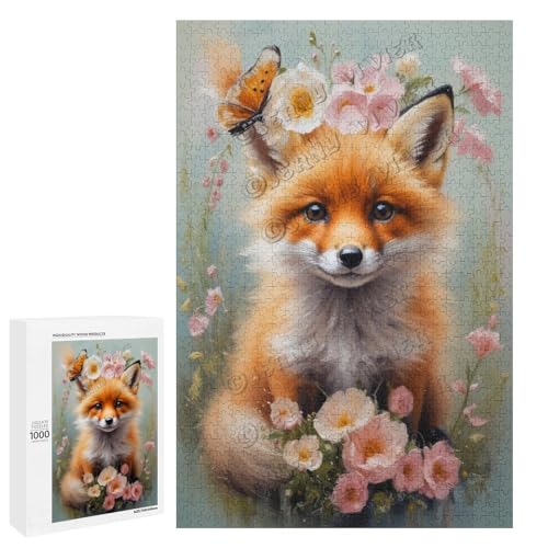 Ölgemälde "Babyfuchs mit Blume" mit 1000 Teilen – ein ansprechendes Puzzle-Erlebnis für diejenigen, die Corgis lieben, aus Holz von NANVIER