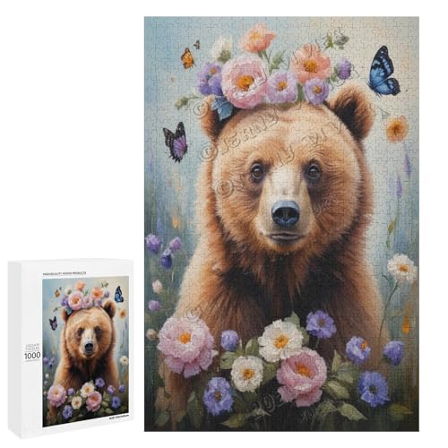 Ölgemälde Bär mit Blume, 1000 Teile für Erwachsene, Puzzle für Bärenliebhaber zum Genießen und Entspannen, Geschenk für Weihnachten, Holz, personalisierbar von NANVIER