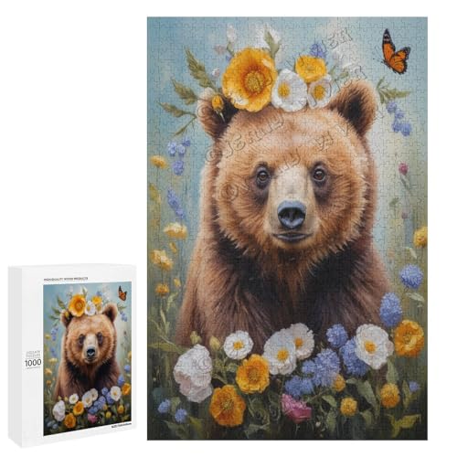 Ölgemälde Bär mit Blume, 1000-teiliges Puzzle für Erwachsene, Kunstwerk von entzückenden Retrievern, Holz, personalisierbar von NANVIER