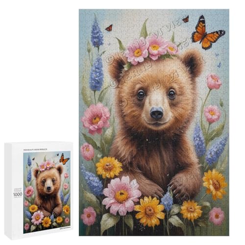 Ölgemälde Bär mit Blume, 1000-teiliges Puzzle für Erwachsene, Puzzle mit verspielten Hundebegleitern, Holz, personalisierbar von NANVIER