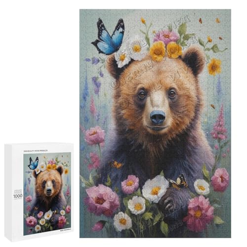 Ölgemälde Bär mit Blume, 1000-teiliges Puzzle für Erwachsene, ansprechendes Puzzle mit geliebter Bärenrasse, Holz, personalisierbar von NANVIER