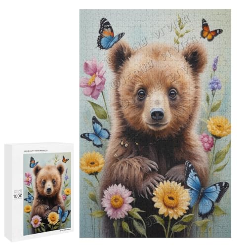 Ölgemälde Bär mit Blume, 1000-teiliges Puzzle für Erwachsene, perfekt für Familienspielabend und Bärenliebhaber, Holz, personalisierbar von NANVIER