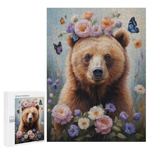 Ölgemälde Bär mit Blume, 500 Stück, Puzzle für Erwachsene, Puzzle für Bärenliebhaber zum Genießen und Entspannen, Geschenk für Weihnachten, Holz, personalisierbar von NANVIER