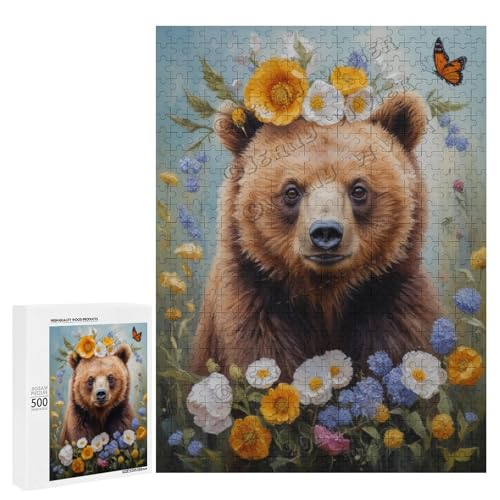 Ölgemälde Bär mit Blume, 500-teiliges Puzzle für Erwachsene, Kunstwerk von entzückenden Retrievern, Holz, personalisierbar von NANVIER