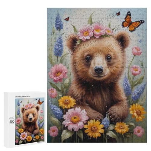 Ölgemälde Bär mit Blume, 500-teiliges Puzzle für Erwachsene, Puzzle mit verspielten Hundebegleitern, Holz, personalisierbar von NANVIER