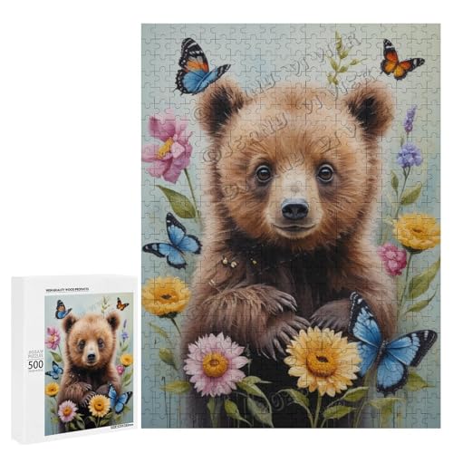 Ölgemälde Bär mit Blume, 500-teiliges Puzzle für Erwachsene, perfekt für Familienspielabend und Bären-Enthusiasten, Holz, personalisierbar von NANVIER