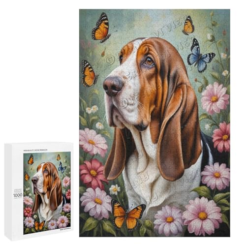 Ölgemälde Basset Hound Hund mit Blume, 1000 Teile für Erwachsene, Puzzle für Hundeliebhaber zum Genießen und Entspannen, Geschenk für Weihnachten, Holz, personalisierbar von NANVIER