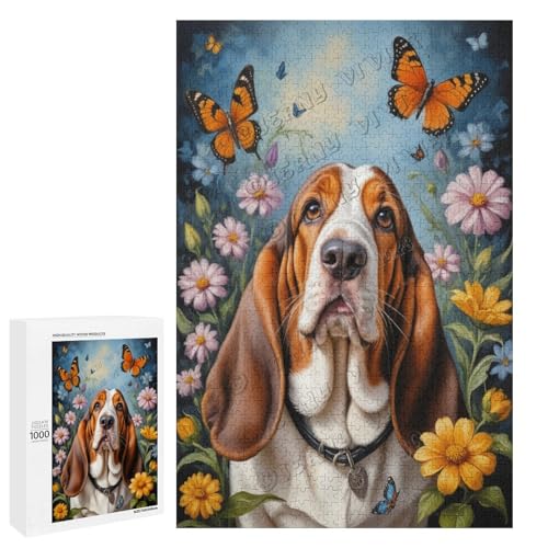 Ölgemälde Basset Hound Hund mit Blume, 1000-teiliges Puzzle für Erwachsene, fesselnde Kunstwerke für Hundebegeisterte, Holz, personalisierbar von NANVIER