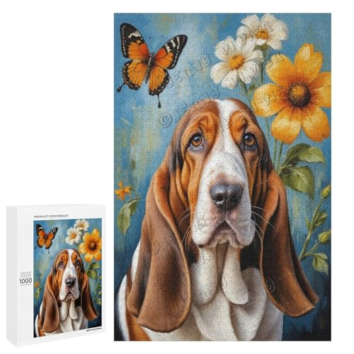 Ölgemälde Basset Hound Hund mit Blume, 1000-teiliges Puzzle für Erwachsene, perfekt für Entspannung und Genuss, Holz, personalisierbar von NANVIER