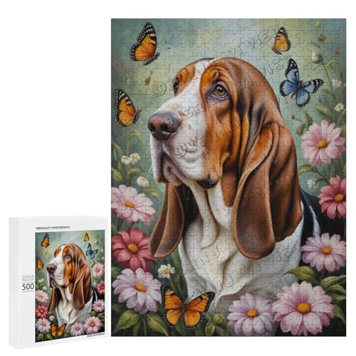 Ölgemälde Basset Hound Hund mit Blume, 500 Teile Puzzles für Erwachsene, Puzzle für Hundeliebhaber zum Genießen und Entspannen, Geschenk für Weihnachten, Holz, personalisierbar von NANVIER