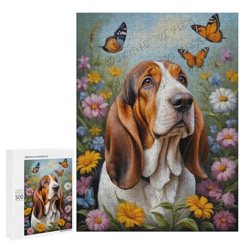 Ölgemälde Basset Hound Hund mit Blume, 500-teiliges Puzzle für Erwachsene, Kunstwerk von entzückenden Retrievern, Holz, personalisierbar von NANVIER