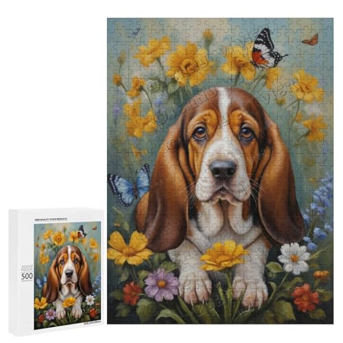 Ölgemälde Basset Hound Hund mit Blume, 500-teiliges Puzzle für Erwachsene, Puzzle mit verspielten Hundebegleitern, Holz, personalisierbar von NANVIER