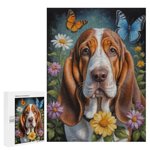 Ölgemälde Basset Hound Hund mit Blume, 500-teiliges Puzzle für Erwachsene, ansprechendes Puzzle mit geliebter Hunderasse, Holz, personalisierbar von NANVIER