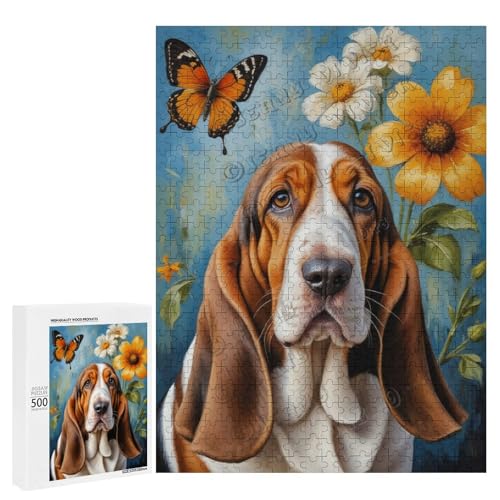 Ölgemälde Basset Hound Hund mit Blume, 500-teiliges Puzzle für Erwachsene, perfekt für Entspannung und Genuss, Holz, personalisierbar von NANVIER