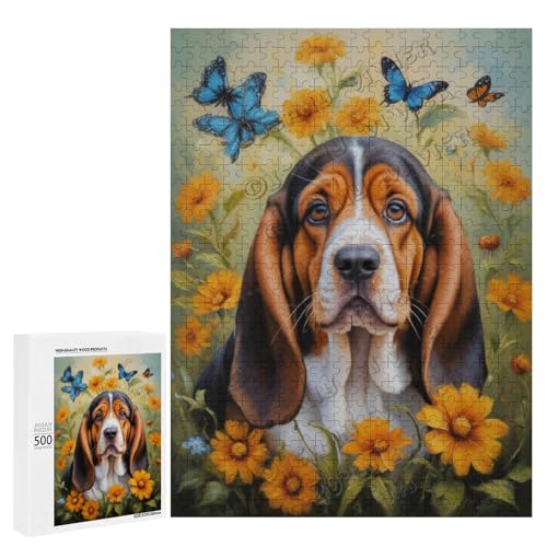 Ölgemälde Basset Hound Hund mit Blume, 500-teiliges Puzzle für Erwachsene, perfekt für Familienspielabende und Hundebegeisterte, Holz, personalisierbar von NANVIER