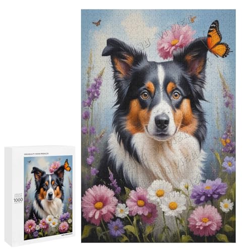 Ölgemälde Border Collie Hund mit Blume, 1000 Teile Puzzle für Erwachsene, Puzzle für Hundeliebhaber zum Genießen und Entspannen, Geschenk für Weihnachten, Holz, personalisierbar von NANVIER