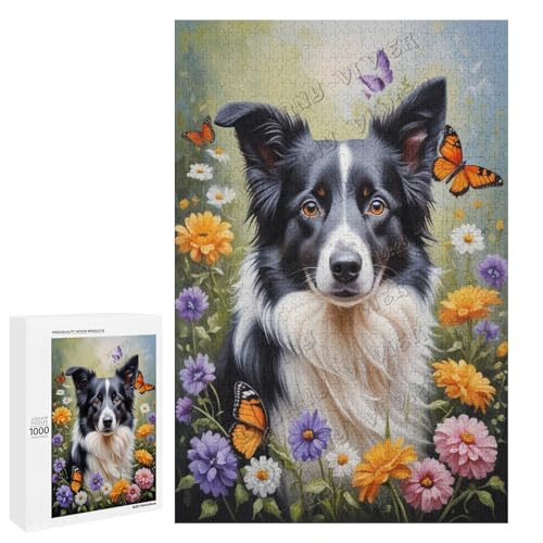 Ölgemälde Border Collie Hund mit Blume, 500-teiliges Puzzle, angenehm für Erwachsene und Hundeliebhaber, Holz, personalisierbar von NANVIER