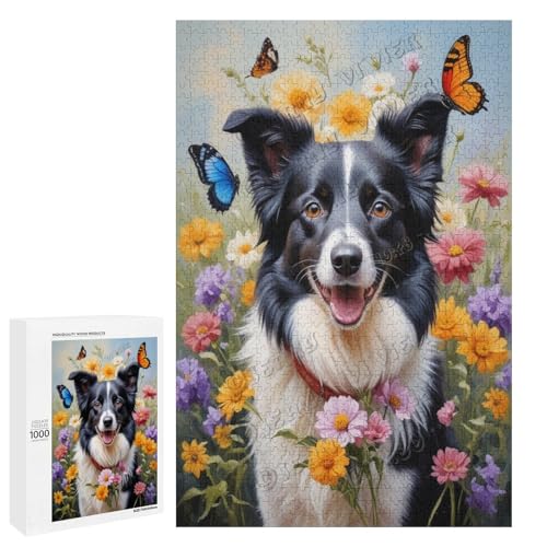 Ölgemälde Border Collie Hund mit Blume, 500-teiliges Puzzle, ansprechendes Puzzle für Erwachsene, ideal für gemütliche Nächte im Holz, personalisierbar von NANVIER