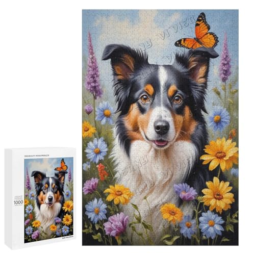 Ölgemälde Border Collie Hund mit Blume, mit 1000 Teilen, ein ansprechendes Puzzle-Erlebnis für diejenigen, die Corgis lieben, aus Holz von NANVIER