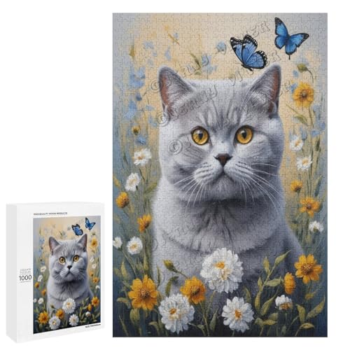 Ölgemälde Britische Kurzhaarkatze mit Blume, 1000 Teile für Erwachsene, Puzzle für Katzenliebhaber zum Genießen und Entspannen, Geschenk für Weihnachten, Holz, personalisierbar von NANVIER