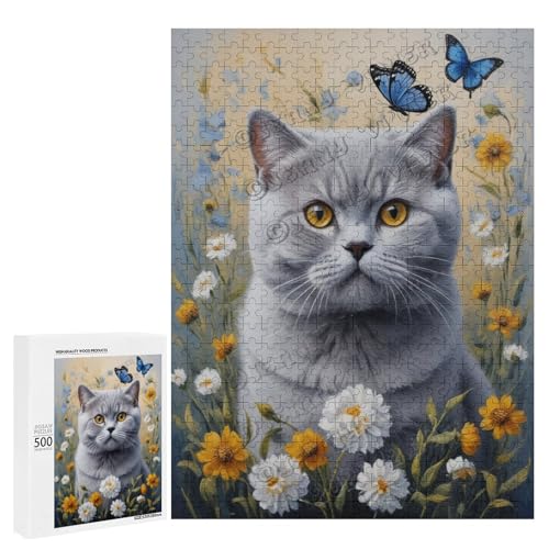 Ölgemälde Britische Kurzhaarkatze mit Blume, 500 Teile Puzzles für Erwachsene, Puzzle für Katzenliebhaber zum Genießen und Entspannen, Geschenk für Weihnachten, Holz, personalisierbar von NANVIER