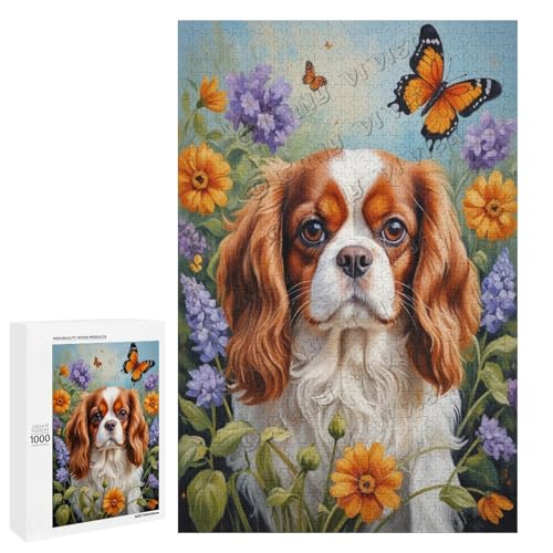 Ölgemälde Cavalier King Charles Spaniel Hund mit Blume, 1000 Teile Puzzles für Erwachsene, Puzzle für Hundeliebhaber zum Genießen und Entspannen, Geschenk für Weihnachten, Holz, personalisierbar von NANVIER