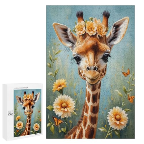 Ölgemälde Giraffe mit Blume, 1000 Teile – ein ansprechendes Puzzle-Erlebnis für diejenigen, die Corgis lieben, aus Holz von NANVIER