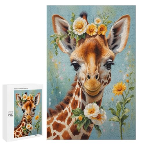 Ölgemälde Giraffe mit Blume, 1000-teiliges Puzzle, angenehm für Erwachsene und Giraffenliebhaber, Holz, personalisierbar von NANVIER