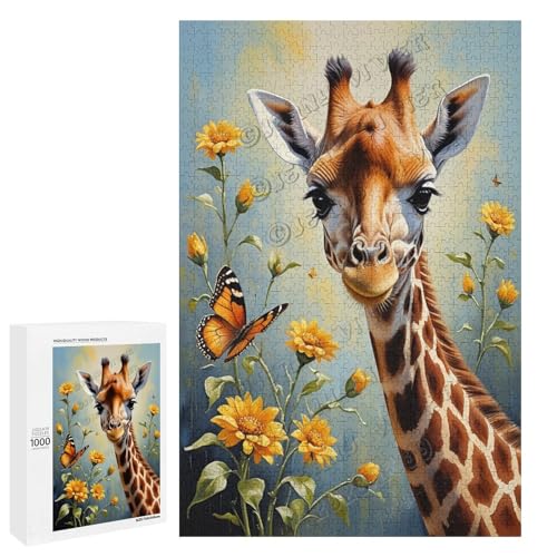 Ölgemälde Giraffe mit Blume, 1000-teiliges Puzzle für Erwachsene, Puzzle für Entspannung und Genuss, Holz, personalisierbar von NANVIER