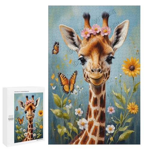 Ölgemälde Giraffe mit Blume, 1000-teiliges Puzzle für Erwachsene, Puzzle für Genuss, Holz, personalisierbar von NANVIER