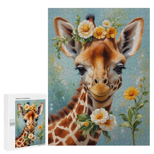 Ölgemälde Giraffe mit Blume, 500-teiliges Puzzle, angenehm für Erwachsene und Giraffenliebhaber, Holz, personalisierbar von NANVIER