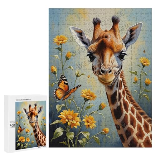 Ölgemälde Giraffe mit Blume, 500-teiliges Puzzle für Erwachsene, Puzzle für Entspannung und Genuss, Holz, personalisierbar von NANVIER